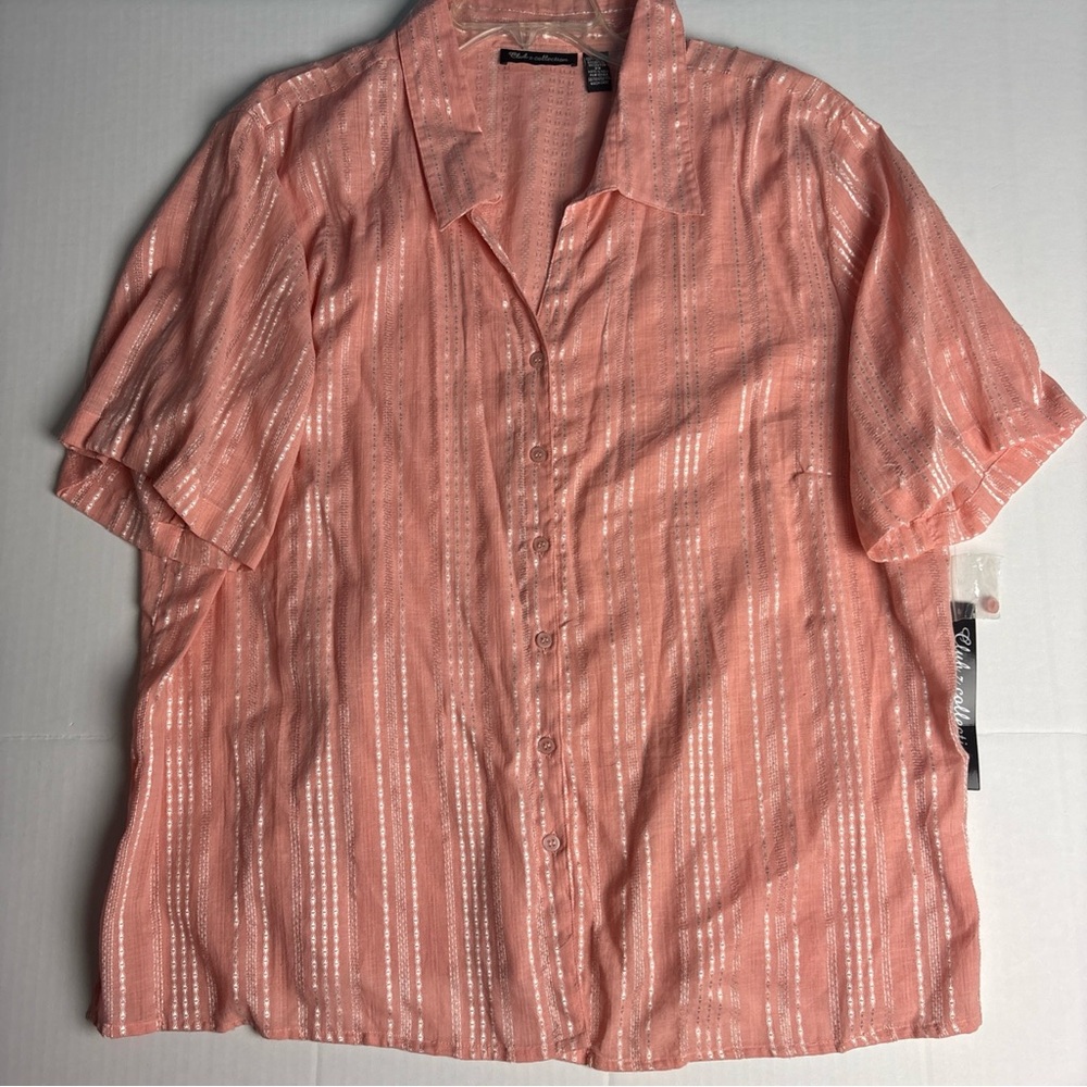 Clubz Collection Women 3X Shirt Peach Shiny Stripe New Tags Button Up Cotton